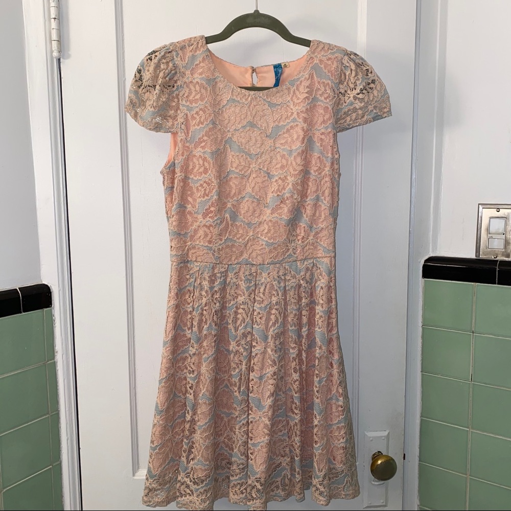 Buttons Brand Pink and Blue Lace Open Back Dress